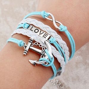 Love Nautical Anchor Silver Infinity Bracelet White Leather SkyBlue Rope